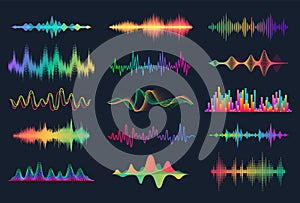 Sound waves. Frequency audio waveform, music wave HUD interface elements, voice graph signal. Vector audio wave set