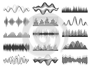 Sound waves. Graphic music soundwave frequency. Pulse lines, radio equalizer, voice record or impulse wave. Audio player photo