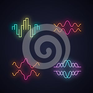 Sound waves neon light icons set. Glowing signs. Audio, music, radio signal waves. Vibration, synergy, motion lines