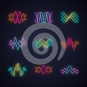 Sound waves neon light icons set. Glowing signs. Music rhythm, heart pulse. Audio waves, radio signals logotype. Digital