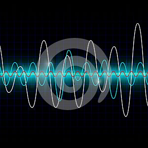 Sound waves oscillating glow light on dark background. Abstract technology vector illustration