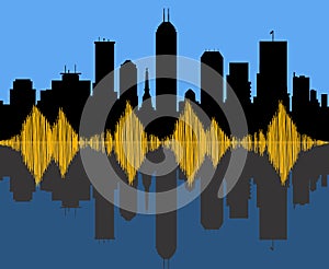 Sound waves are seen over a silhouetted skyline of Indianapolis, Indiana, USA,
