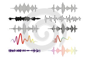 Sound waves set, audio digital equalizer technology, musical pulse vector Illustrations on a white background