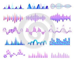 Sound waves set, audio digital equalizer technology, musical pulse vector Illustrations on a white background. Voice