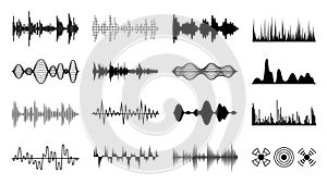 Sound waves set. Black digital radio musical wave. Audio soundtrack shapes. Player pulse forms isolated vector set