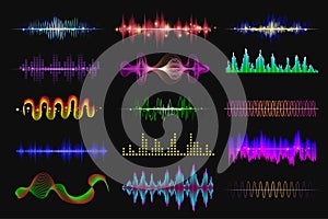 Sound waves set in cartoon design. Bundle of different shapes of frequency audio waveform, music wave effect for equalizer,