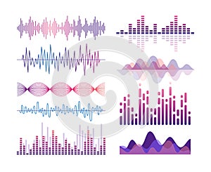 Sound waves vector color illustrations set. Audio effects visualization. Music player equalizer. Song, voice vibration