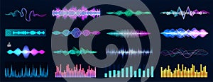 Sound waves and voice records collection. Futuristic Frequency audio waveform and music wave. Voice and sound