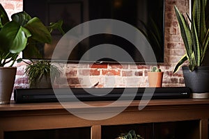 soundbar on a fireplace mantel next to a plant