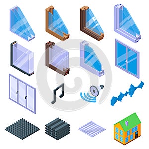 Soundproofing icons set, isometric style