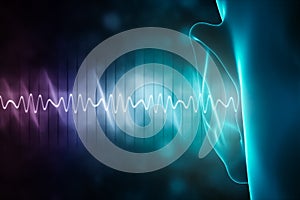 Soundwave and equalizer bars with human ear. 3d rendering illustration with copy space. Sense of hearing, sound and music graphic