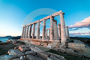 Sounion, Temple of Poseidon in Greece, Sunset Golden Hour