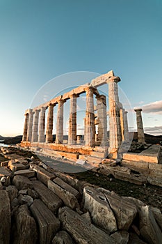 Sounion, Temple of Poseidon in Greece, Sunset Golden Hour