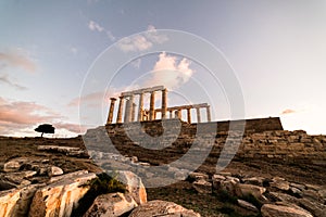 Sounion, Temple of Poseidon in Greece, Sunset Golden Hour