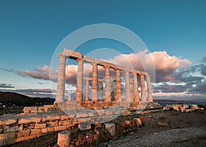 Sounion, Temple of Poseidon in Greece, Sunset Golden Hour