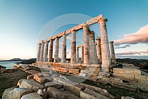 Sounion, Temple of Poseidon in Greece, Sunset Golden Hour