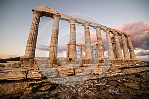 Sounion, Temple of Poseidon in Greece, Sunset Golden Hour