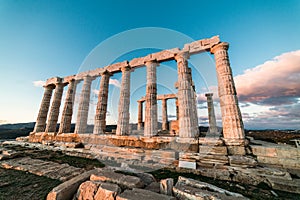 Sounion, Temple of Poseidon in Greece, Sunset Golden Hour