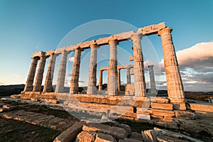 Sounion, Temple of Poseidon in Greece, Sunset Golden Hour