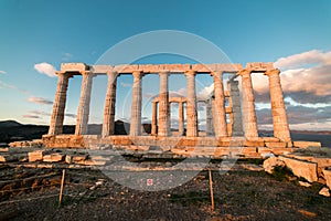 Sounion, Temple of Poseidon in Greece, Sunset Golden Hour