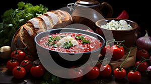 Soup Affair Ukrainian Borscht, Bread, and Colorful Vegetables Food