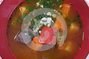 Soup with beef and vegetables photo