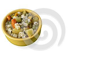 Soup bowl with pasta, beans and vegetables on white background