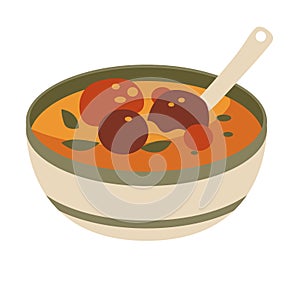 Soup in a bowl with a spoon, asian food vector illustration