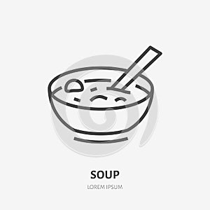 Soup bowl with spoon flat line icon. Vector thin sign, illustration of lunch for restaurant menu