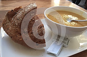 Soup, bread, butter, bowl, spoon