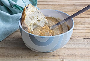 Soup and bread - Hearty beef and vegetable soup with olive ciabatta bread