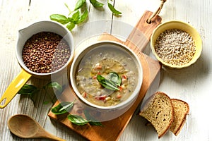 Soup with cereals and legumes in the bowl