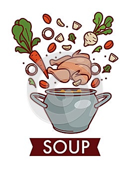 Soup or chicken bouillon in saucepan cooking and culinary recipe