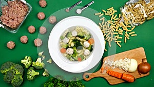 soup with chicken meatballs and vegetables