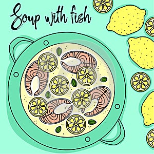Soup with fish and lemon hand draw