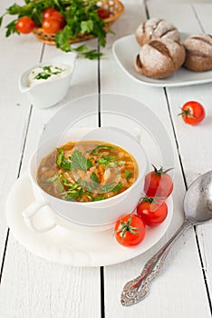 Soup from fresh cabbage and tomato