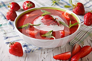 Soup of fresh strawberry with yogurt close up in a bowl. horizon
