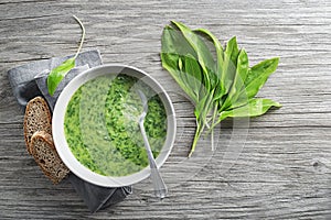 Soup with fresh wild garlic or ramson leaves