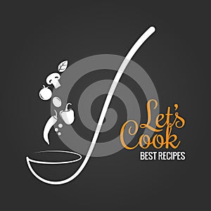 Soup ladle with flavor concept. Cooking spoon design on black background