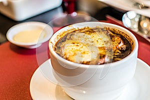 Soup a Lâ€™Oignon French Onion Soup with baked gruyere cheese