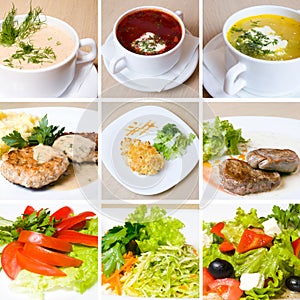 Soup, meat, salad and other food