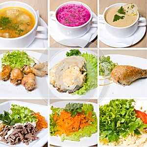 Soup, meat, salad and other food