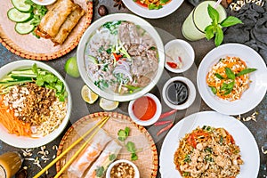 Soup Pho Bo and other Vietnamese food top view