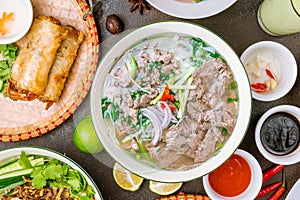 Soup Pho Bo and other Vietnamese food top view