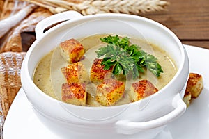 soup with pieces of toasted bread and parsley.