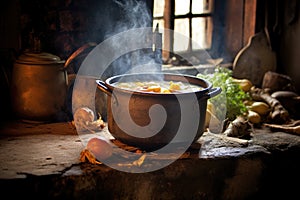soup pot simmering on a rustic stove