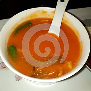 Soup is a primarily liquid food, generally served warm
