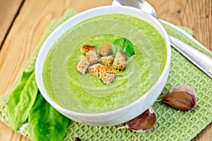 Soup puree of spinach with garlic on board