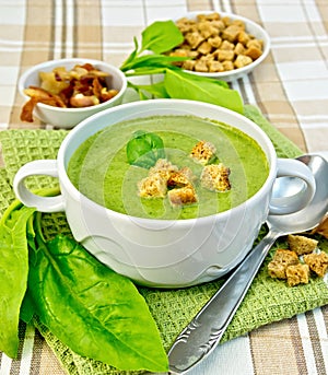 Soup puree with spinach and spoon on fabric