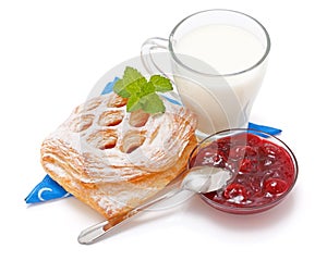 Sour cherry cake, jam and a cup of milk